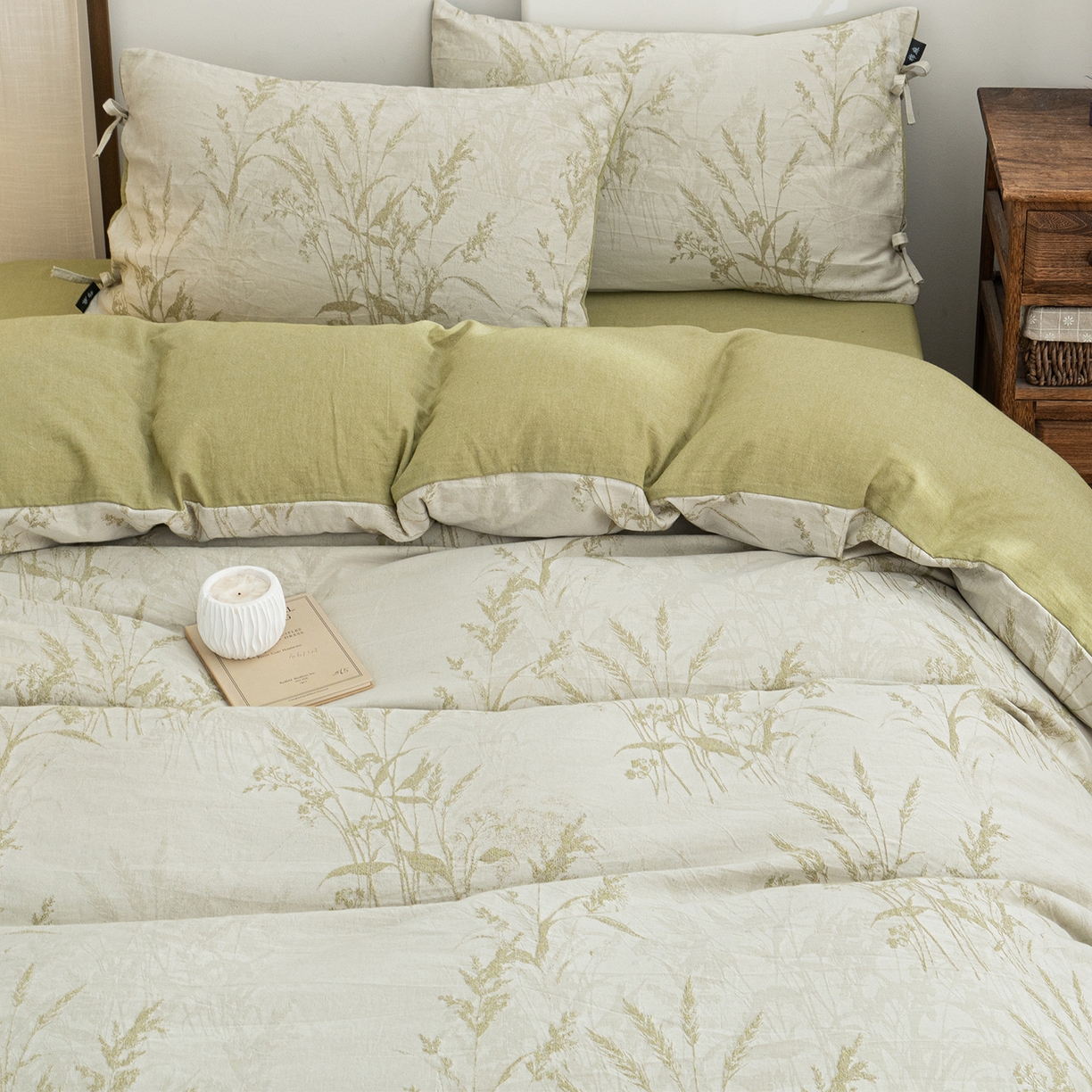 91家纺网 家纺一手货源 找家纺 凌云家纺 2026新款高端春夏提花棉麻四件套-穗穗如意系列 穗穗如意-果绿