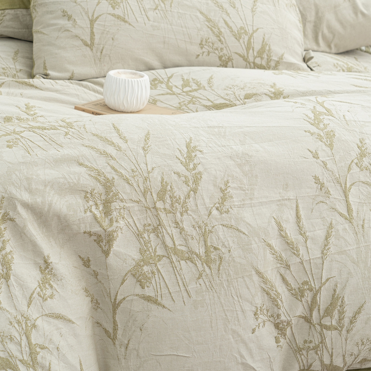 91家纺网 家纺一手货源 找家纺 凌云家纺 2026新款高端春夏提花棉麻四件套-穗穗如意系列 穗穗如意-果绿