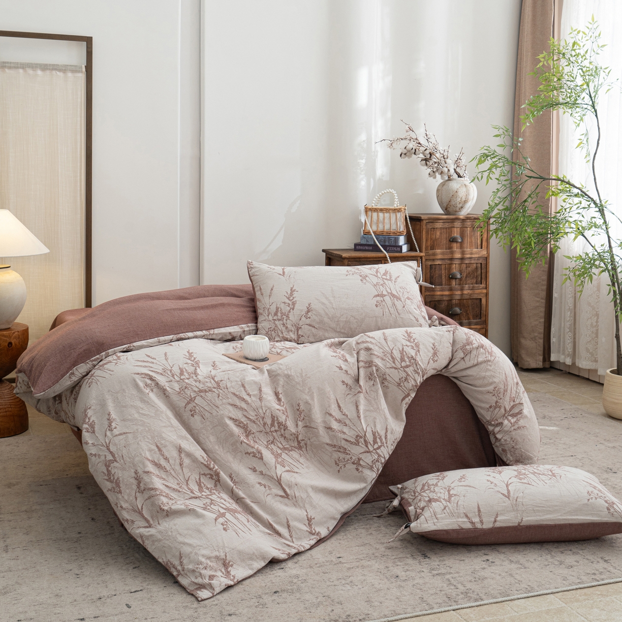 91家纺网 家纺一手货源 找家纺 凌云家纺 2026新款高端春夏提花棉麻四件套-穗穗如意系列 穗穗如意-酱红