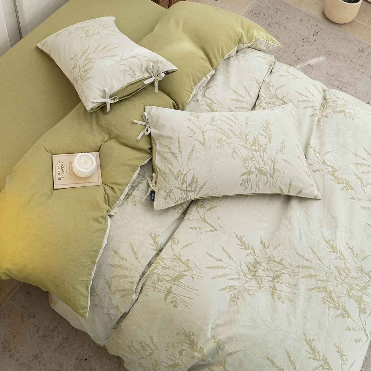 91家纺网 家纺一手货源 找家纺 凌云家纺 2026新款高端春夏提花棉麻四件套-穗穗如意系列 穗穗如意-果绿