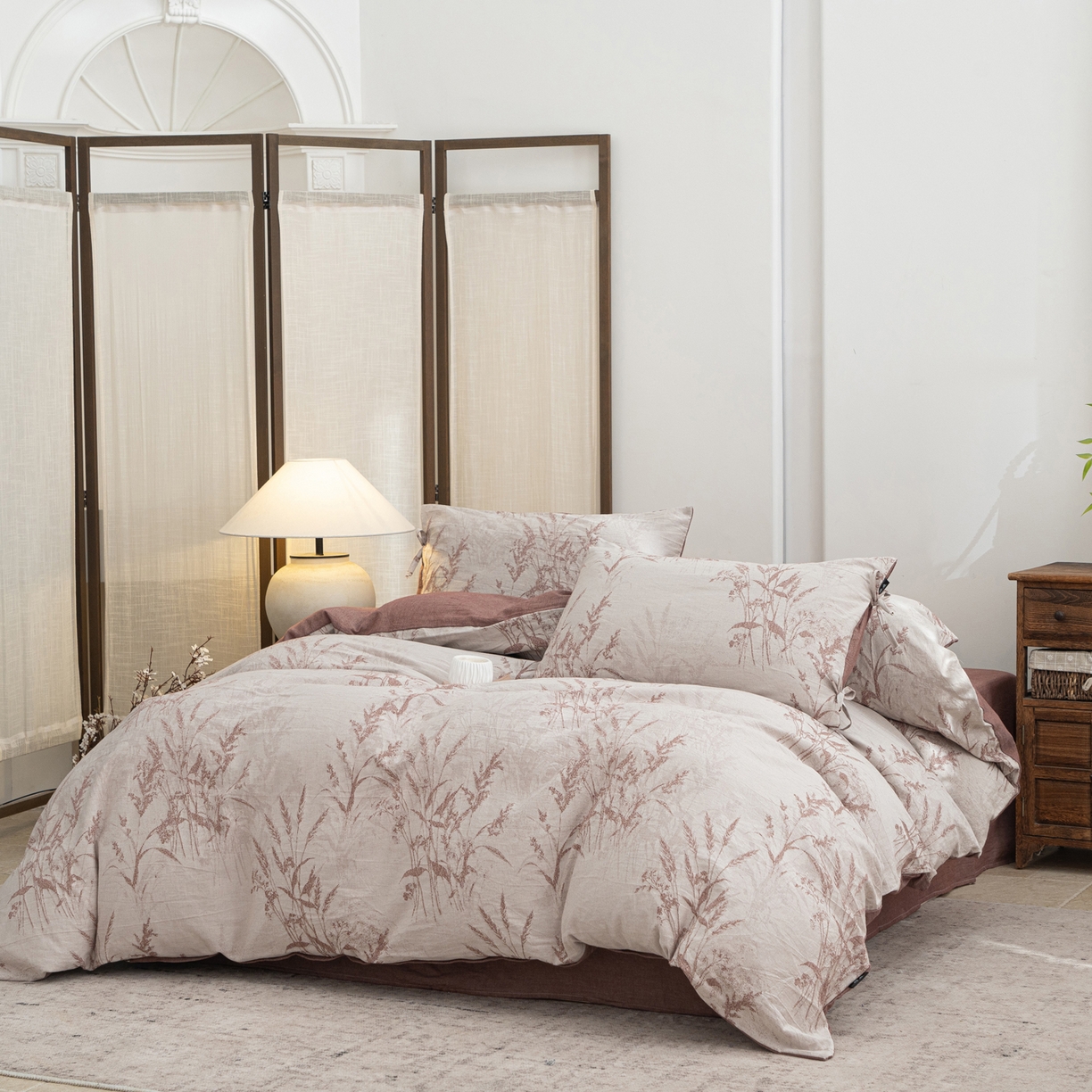 91家纺网 家纺一手货源 找家纺 凌云家纺 2026新款高端春夏提花棉麻四件套-穗穗如意系列 穗穗如意-酱红