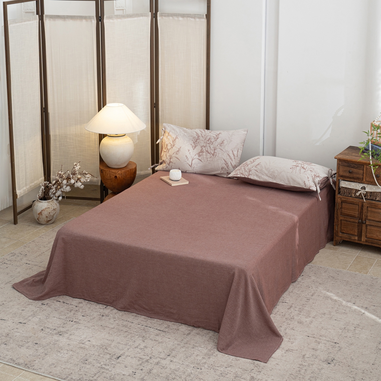 91家纺网 家纺一手货源 找家纺 凌云家纺 2026新款高端春夏提花棉麻四件套-穗穗如意系列 穗穗如意-酱红