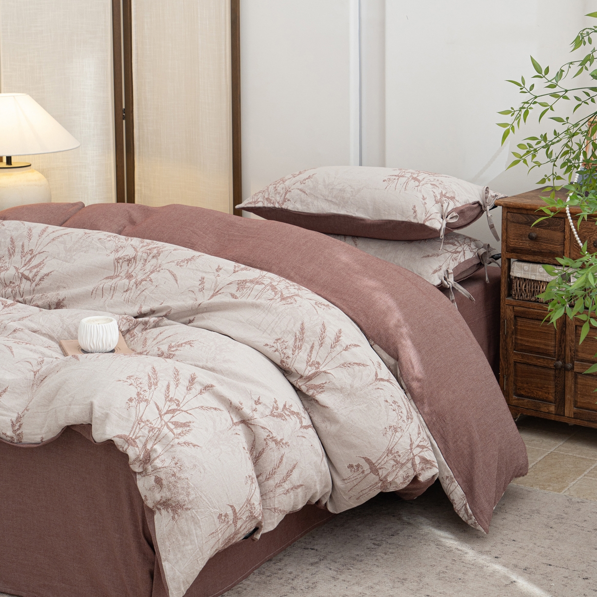 91家纺网 家纺一手货源 找家纺 凌云家纺 2026新款高端春夏提花棉麻四件套-穗穗如意系列 穗穗如意-酱红