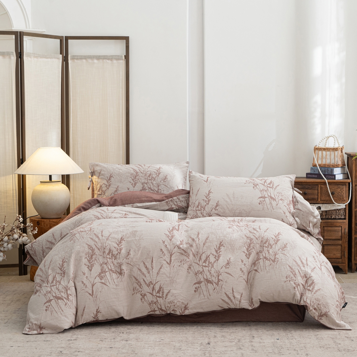 91家纺网 家纺一手货源 找家纺 凌云家纺 2026新款高端春夏提花棉麻四件套-穗穗如意系列 穗穗如意-酱红