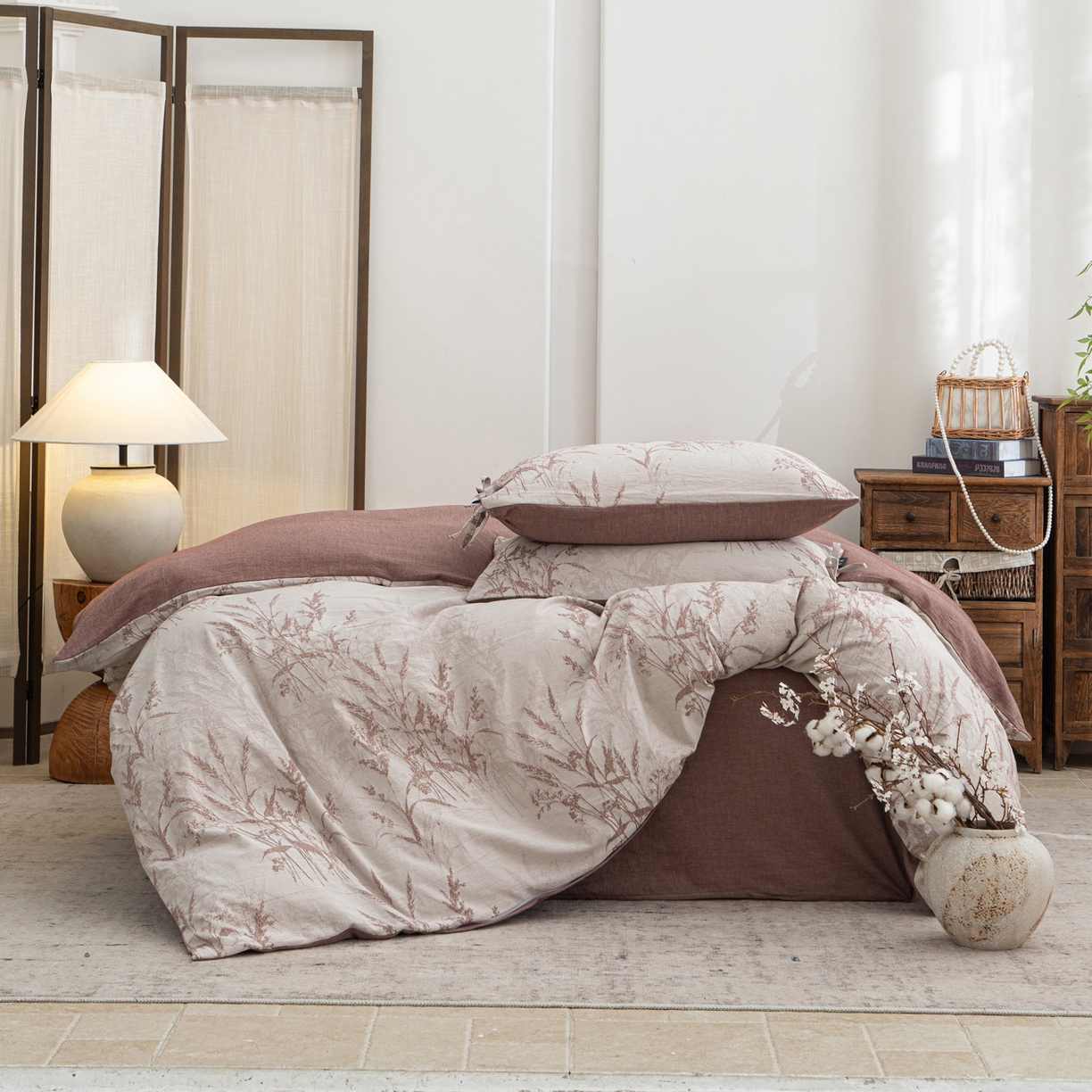 91家纺网 家纺一手货源 找家纺 凌云家纺 2026新款高端春夏提花棉麻四件套-穗穗如意系列 穗穗如意-酱红