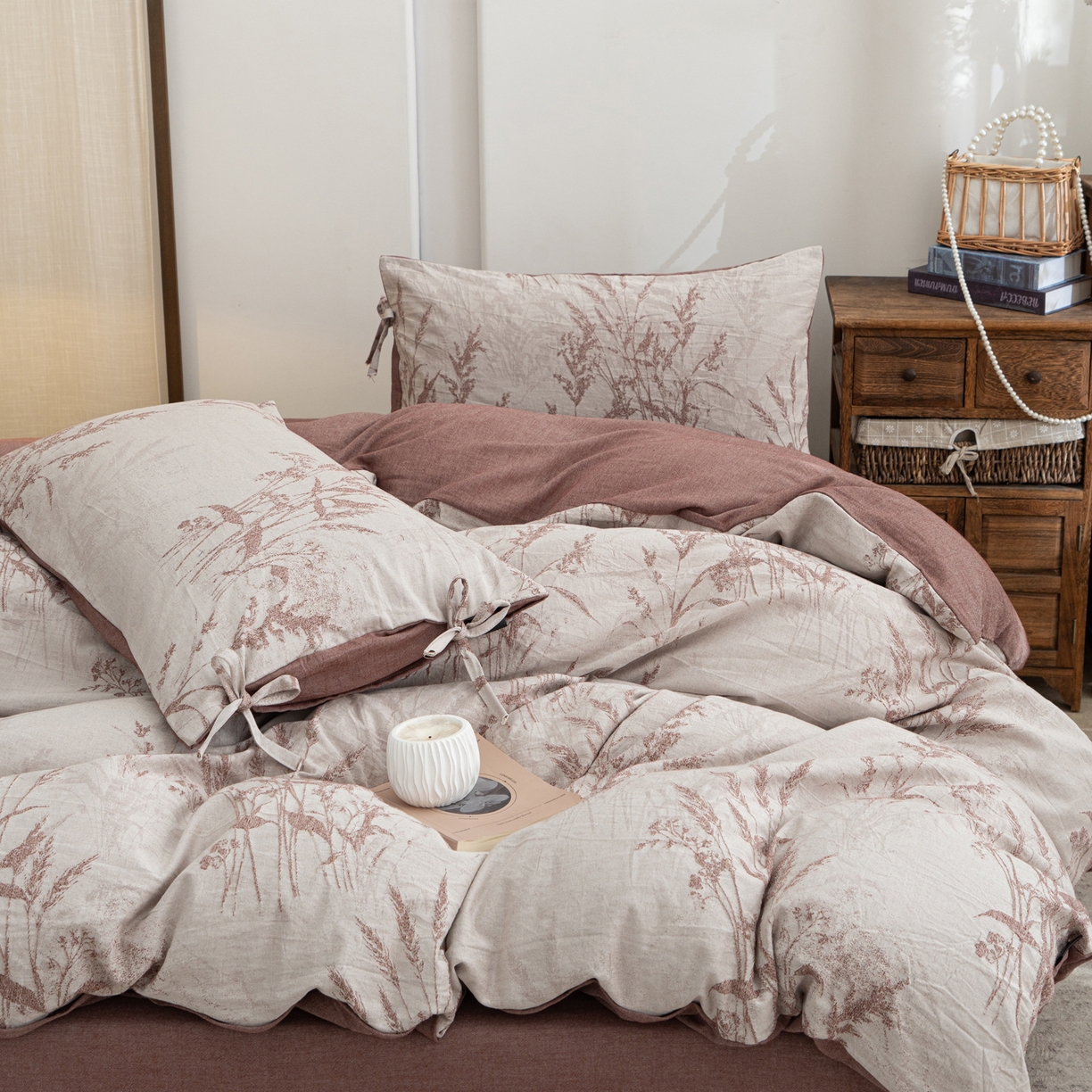 91家纺网 家纺一手货源 找家纺 凌云家纺 2026新款高端春夏提花棉麻四件套-穗穗如意系列 穗穗如意-酱红