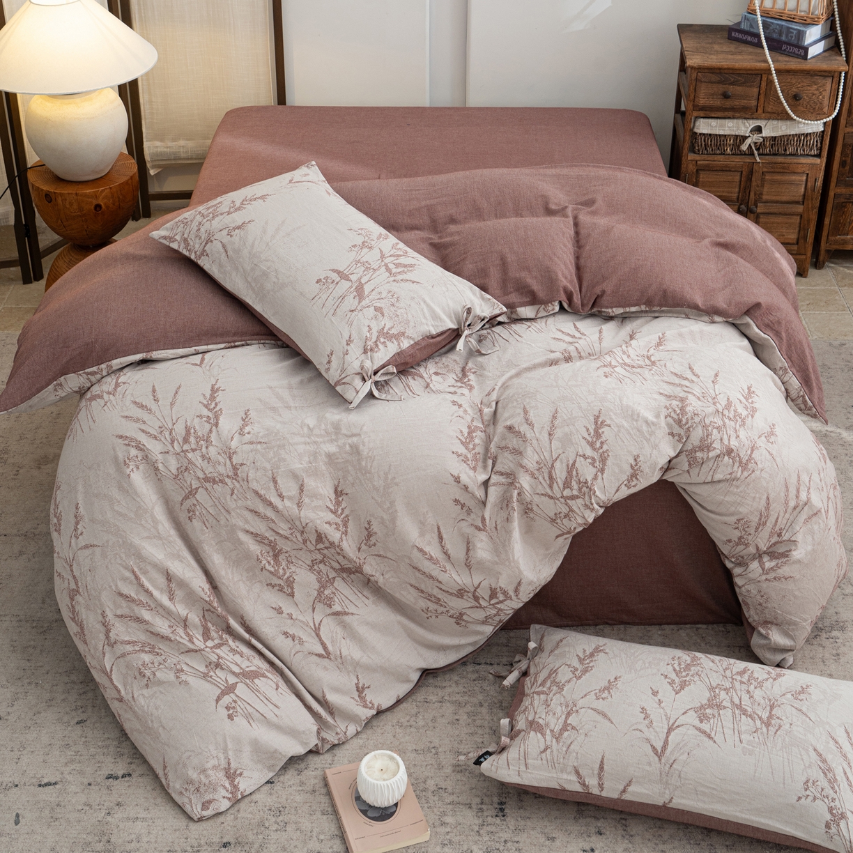 91家纺网 家纺一手货源 找家纺 凌云家纺 2026新款高端春夏提花棉麻四件套-穗穗如意系列 穗穗如意-酱红