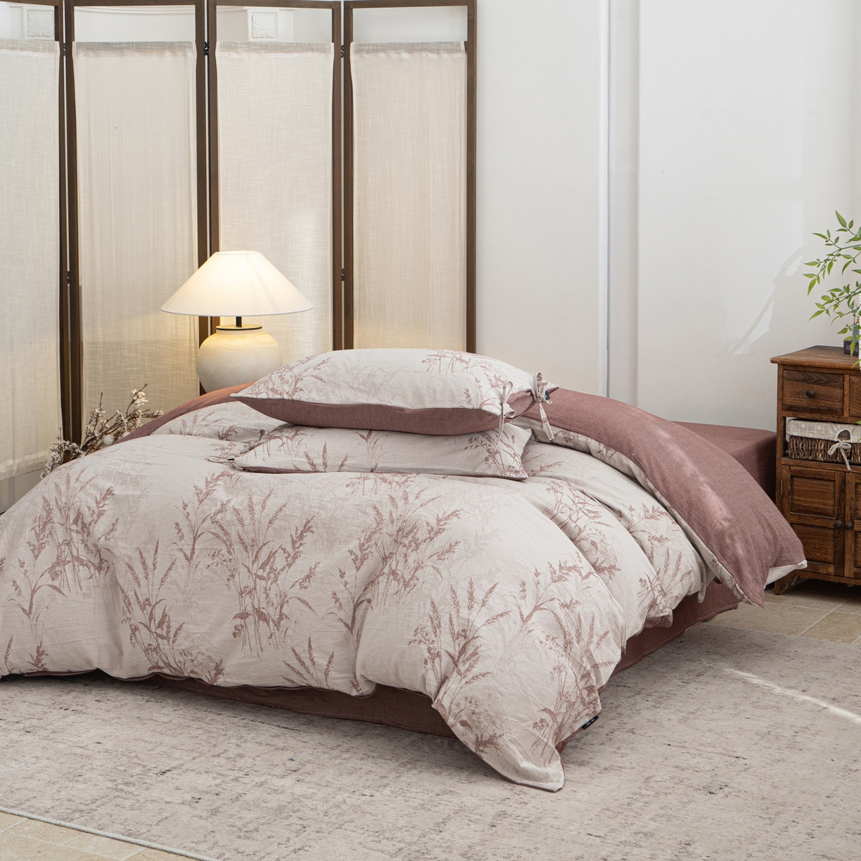 91家纺网 家纺一手货源 找家纺 凌云家纺 2026新款高端春夏提花棉麻四件套-穗穗如意系列 穗穗如意-酱红