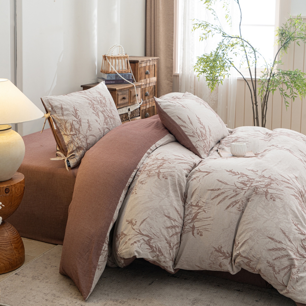 91家纺网 家纺一手货源 找家纺 凌云家纺 2026新款高端春夏提花棉麻四件套-穗穗如意系列 穗穗如意-酱红