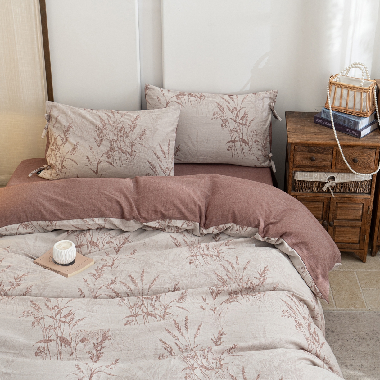 91家纺网 家纺一手货源 找家纺 凌云家纺 2026新款高端春夏提花棉麻四件套-穗穗如意系列 穗穗如意-酱红