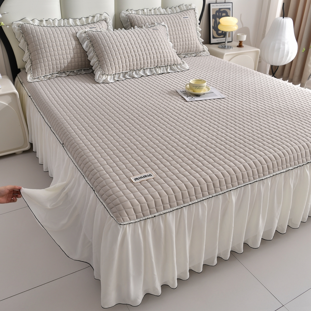 91家纺网 家纺一手货源 找家纺 小牛席业 2026新款凉感小冰块乳胶席床裙款凉席席子系列 凉感小冰块乳胶席床裙款-烟灰