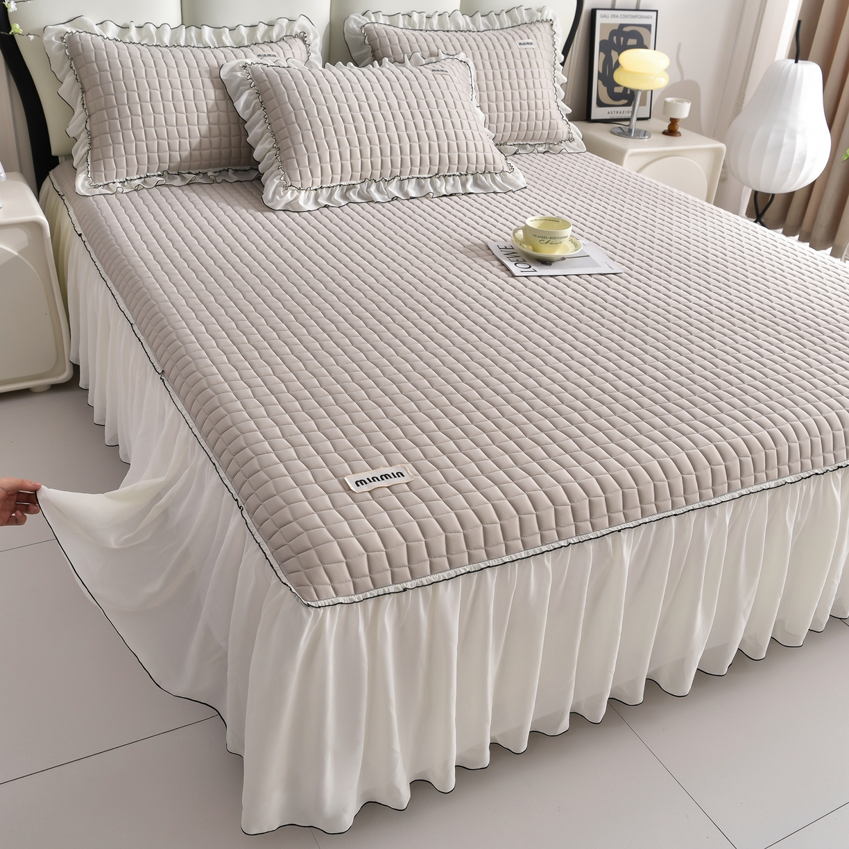 91家纺网 家纺一手货源 找家纺 小牛席业 2026新款凉感小冰块乳胶席床裙款凉席席子系列 凉感小冰块乳胶席床裙款-烟灰