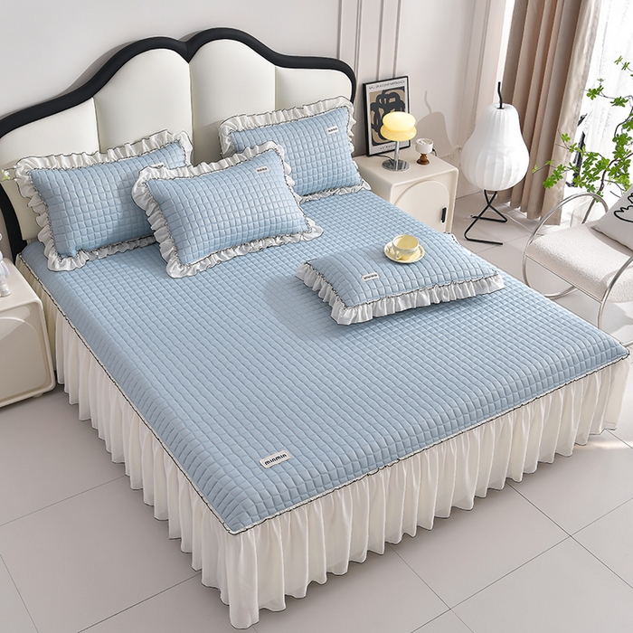 91家纺网 家纺一手货源 找家纺 小牛席业 2026新款凉感小冰块乳胶席床裙款凉席席子系列 凉感小冰块乳胶席床裙款-冰川蓝