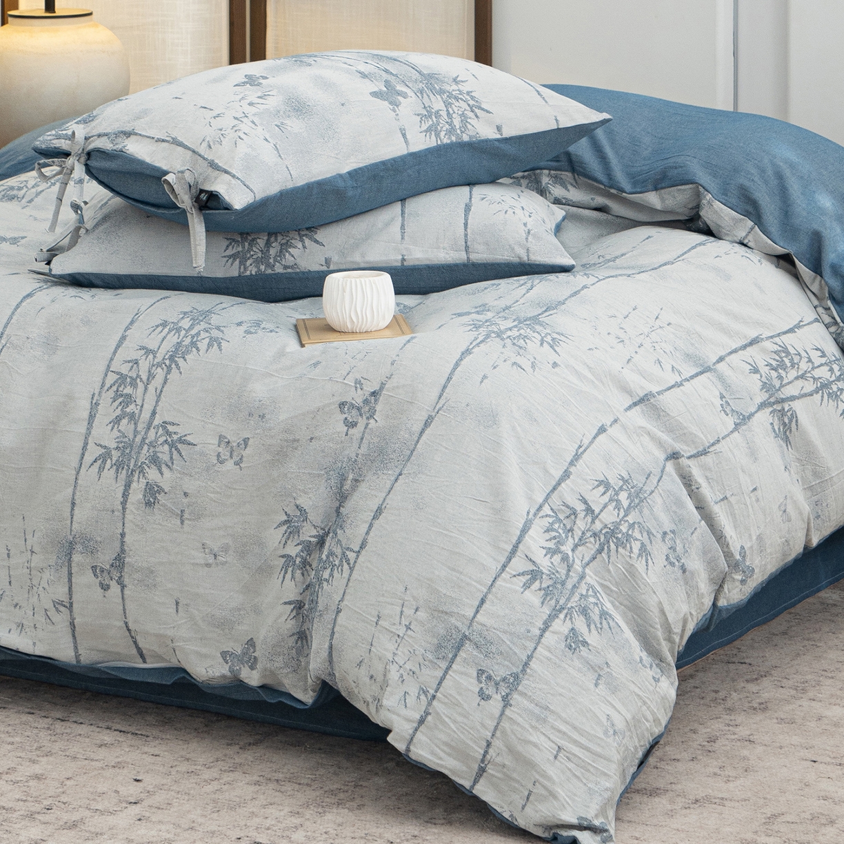 91家纺网 家纺一手货源 找家纺 凌云家纺 2026新款高端春夏提花棉麻四件套-步步高升系列 步步高升-宝兰