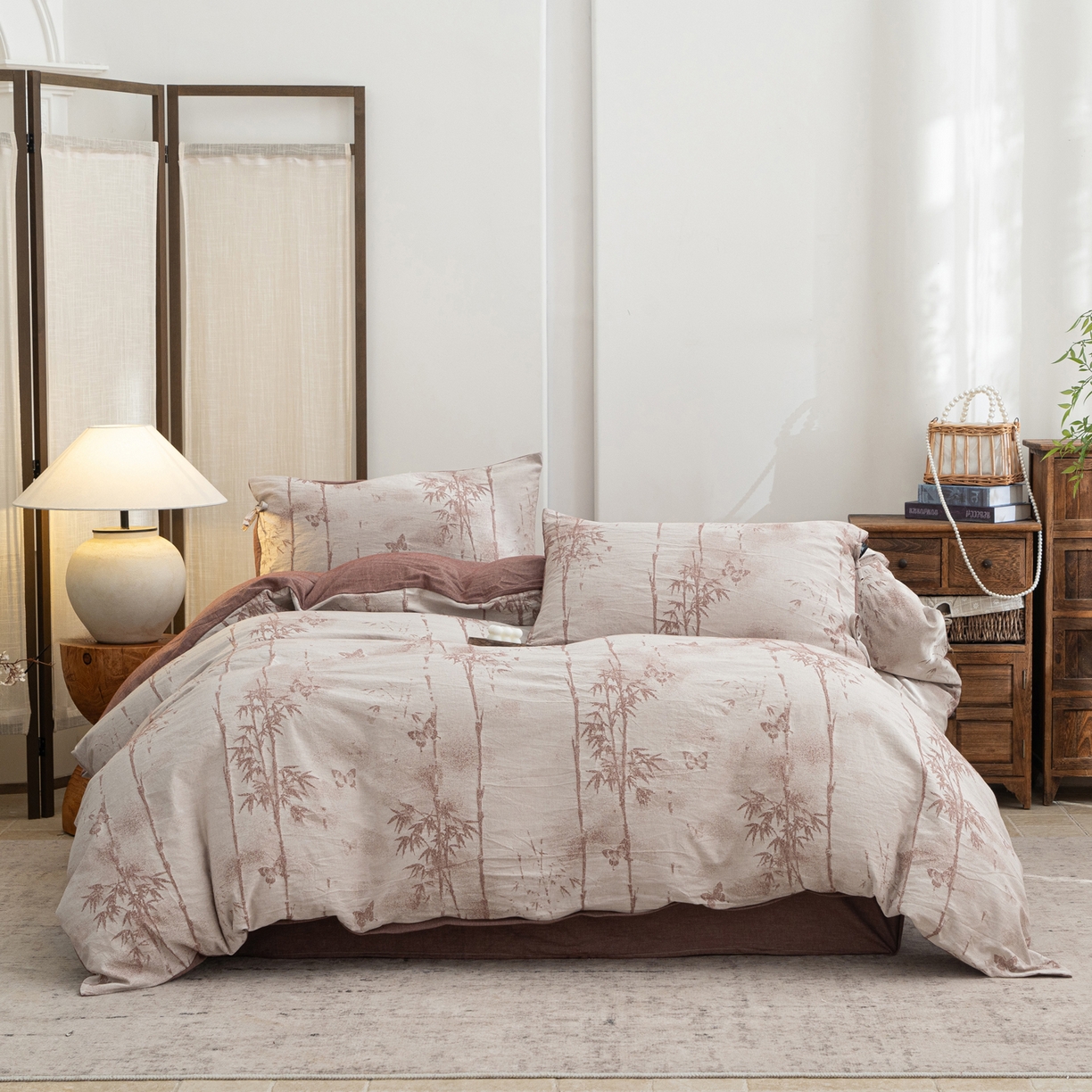 91家纺网 家纺一手货源 找家纺 凌云家纺 2026新款高端春夏提花棉麻四件套-步步高升系列 步步高升-酱红