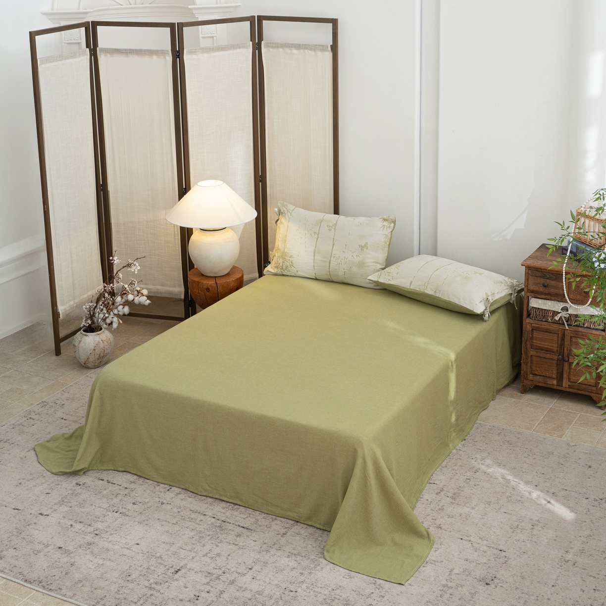 91家纺网 家纺一手货源 找家纺 凌云家纺 2026新款高端春夏提花棉麻四件套-步步高升系列 步步高升-果绿