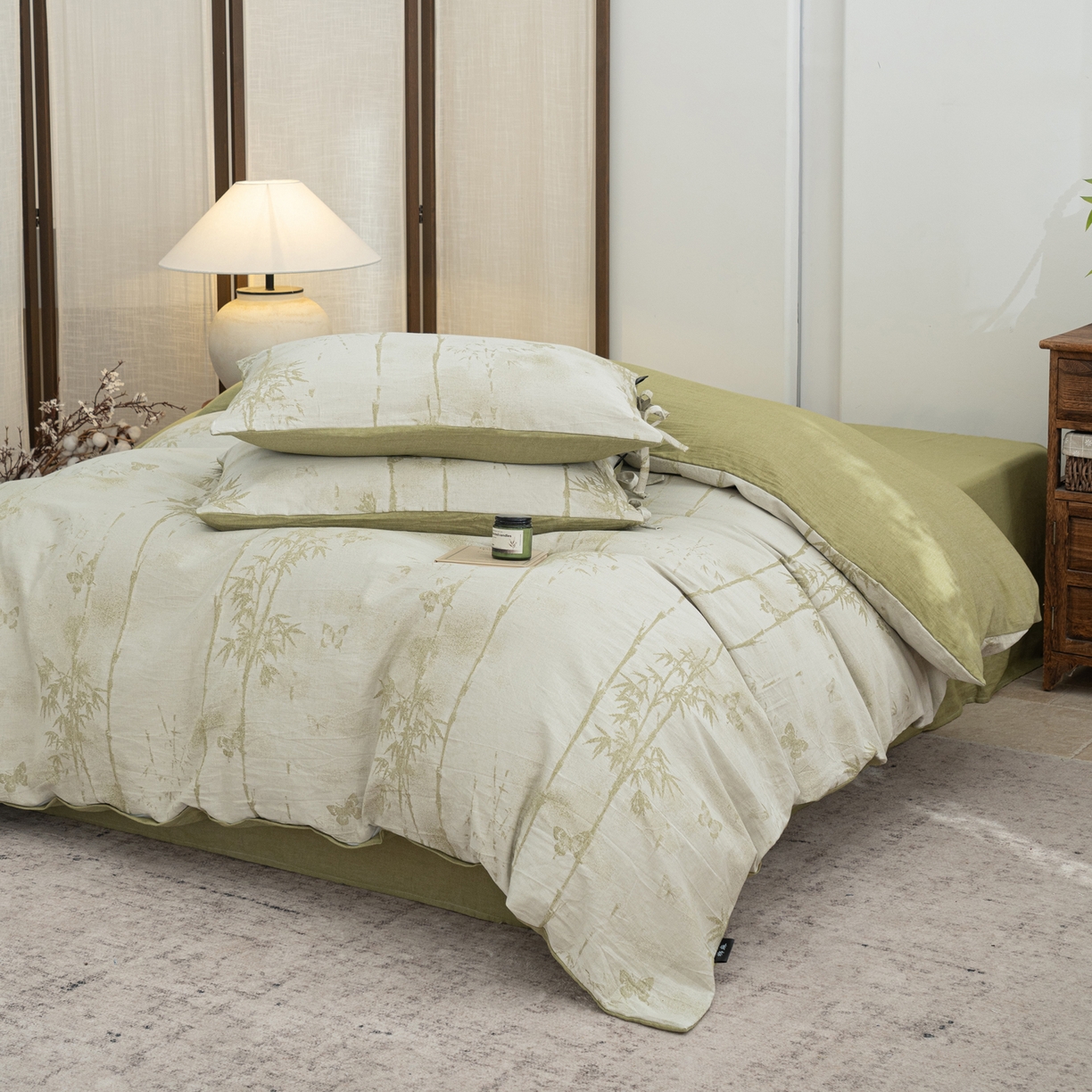 91家纺网 家纺一手货源 找家纺 凌云家纺 2026新款高端春夏提花棉麻四件套-步步高升系列 步步高升-果绿