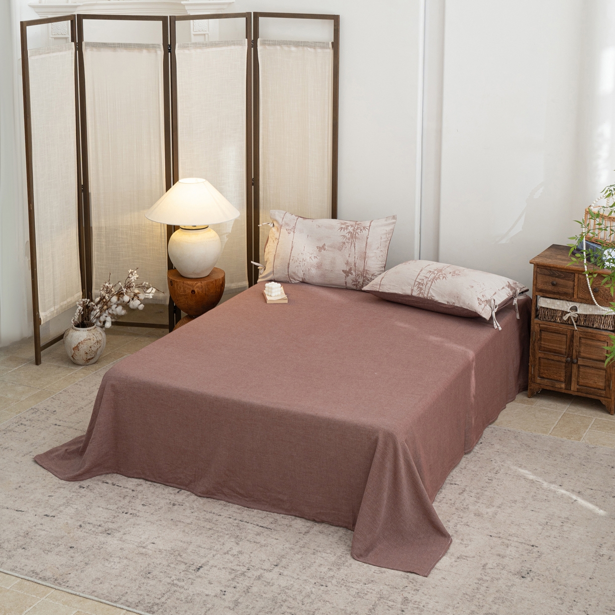 91家纺网 家纺一手货源 找家纺 凌云家纺 2026新款高端春夏提花棉麻四件套-步步高升系列 步步高升-酱红