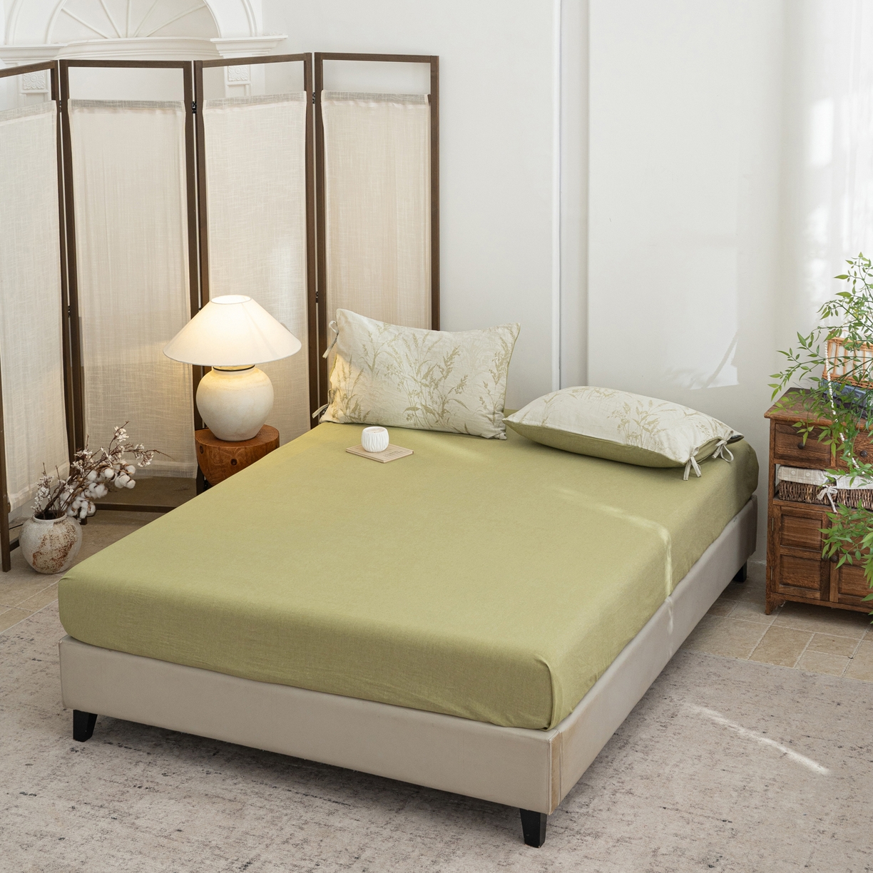 91家纺网 家纺一手货源 找家纺 凌云家纺 2026新款高端春夏提花棉麻四件套-步步高升系列 步步高升-果绿