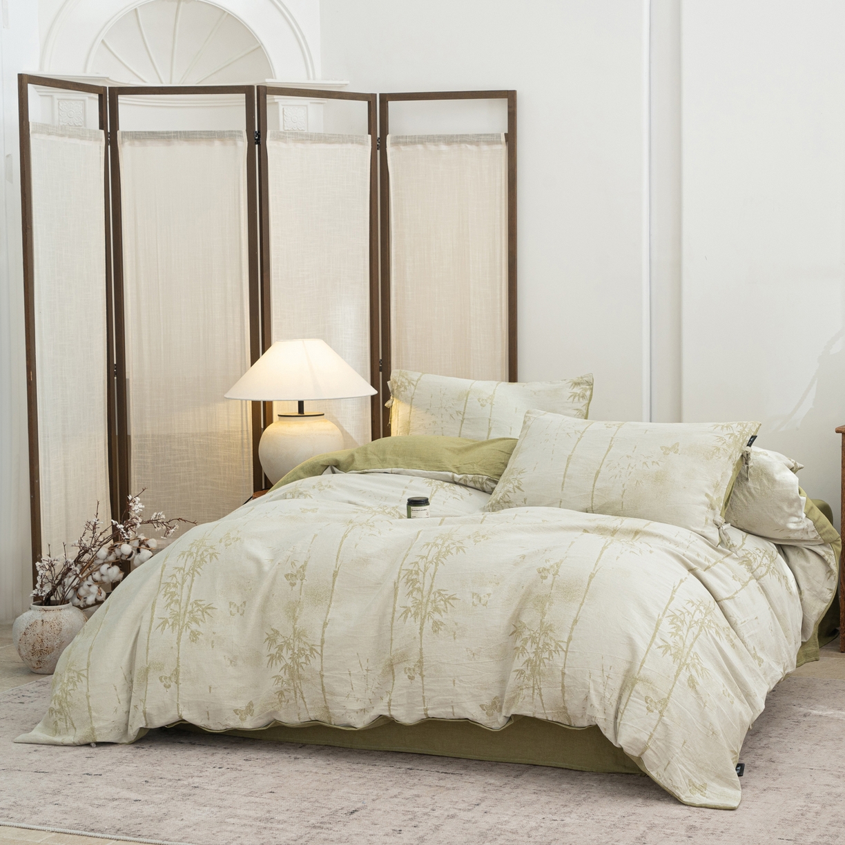 91家纺网 家纺一手货源 找家纺 凌云家纺 2026新款高端春夏提花棉麻四件套-步步高升系列 步步高升-果绿