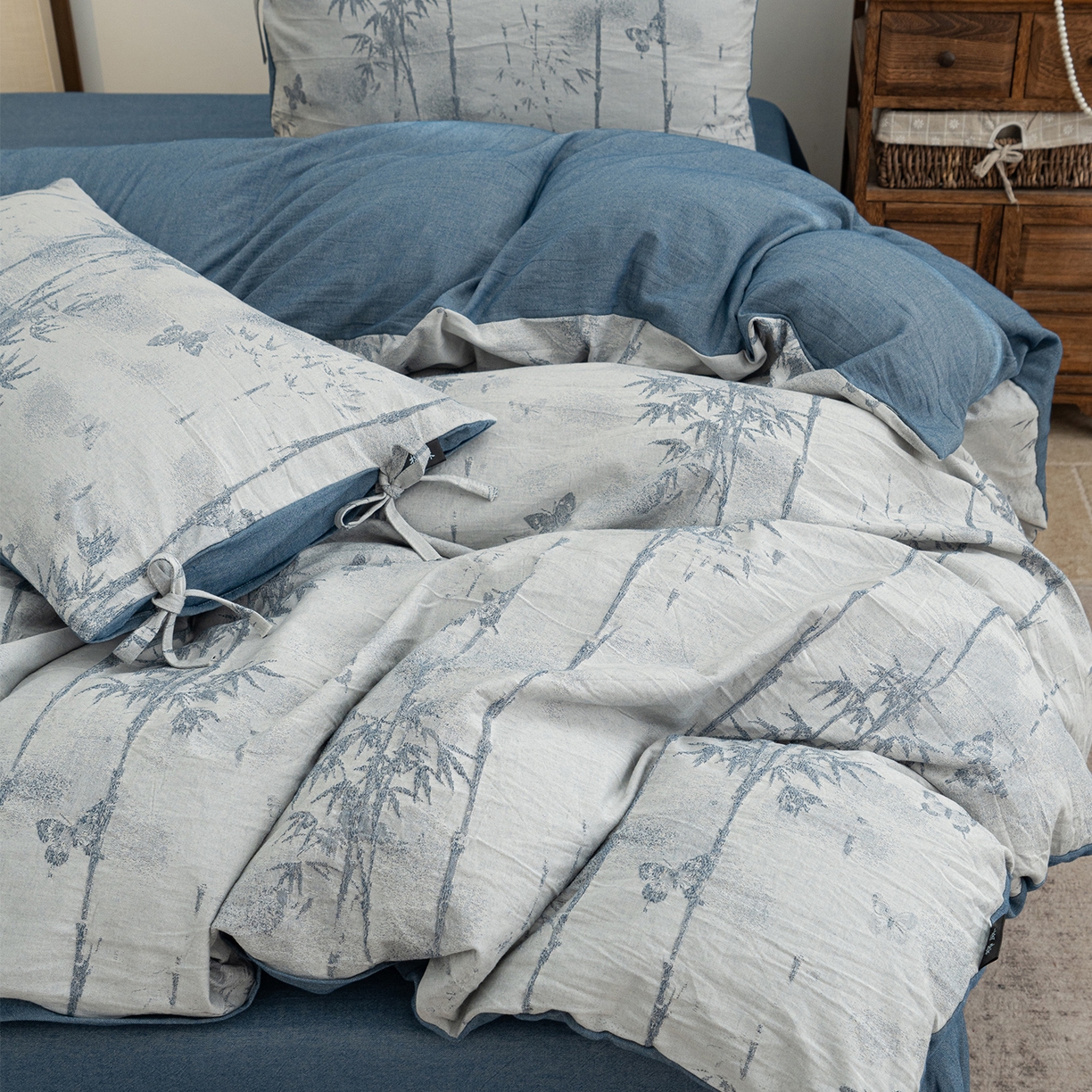 91家纺网 家纺一手货源 找家纺 凌云家纺 2026新款高端春夏提花棉麻四件套-步步高升系列 步步高升-宝兰