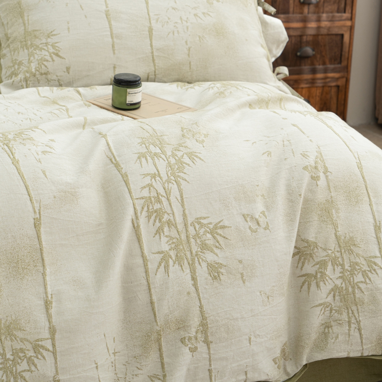 91家纺网 家纺一手货源 找家纺 凌云家纺 2026新款高端春夏提花棉麻四件套-步步高升系列 步步高升-果绿