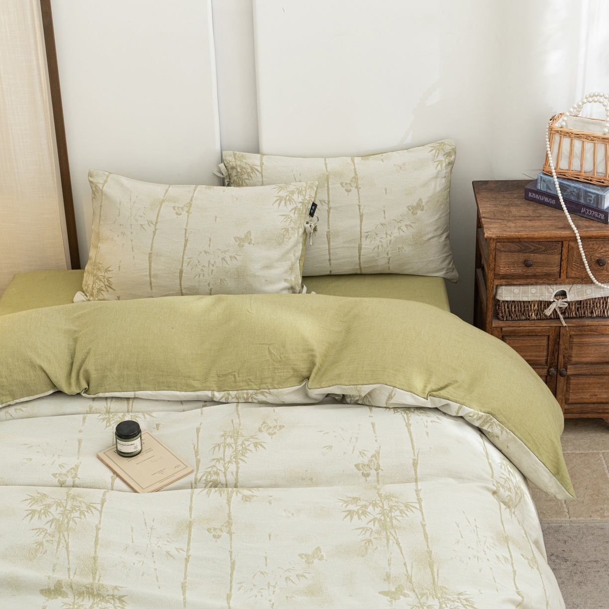 91家纺网 家纺一手货源 找家纺 凌云家纺 2026新款高端春夏提花棉麻四件套-步步高升系列 步步高升-果绿