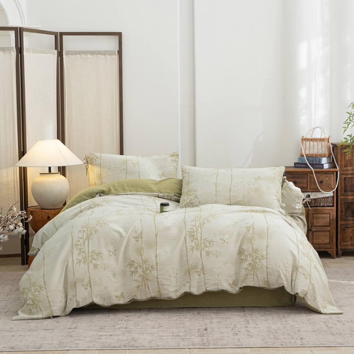 91家纺网 家纺一手货源 找家纺 凌云家纺 2026新款高端春夏提花棉麻四件套-步步高升系列 步步高升-果绿