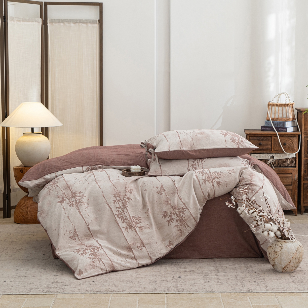 91家纺网 家纺一手货源 找家纺 凌云家纺 2026新款高端春夏提花棉麻四件套-步步高升系列 步步高升-酱红