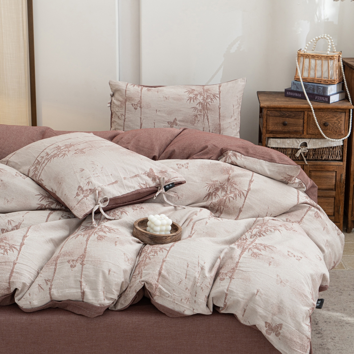 91家纺网 家纺一手货源 找家纺 凌云家纺 2026新款高端春夏提花棉麻四件套-步步高升系列 步步高升-酱红