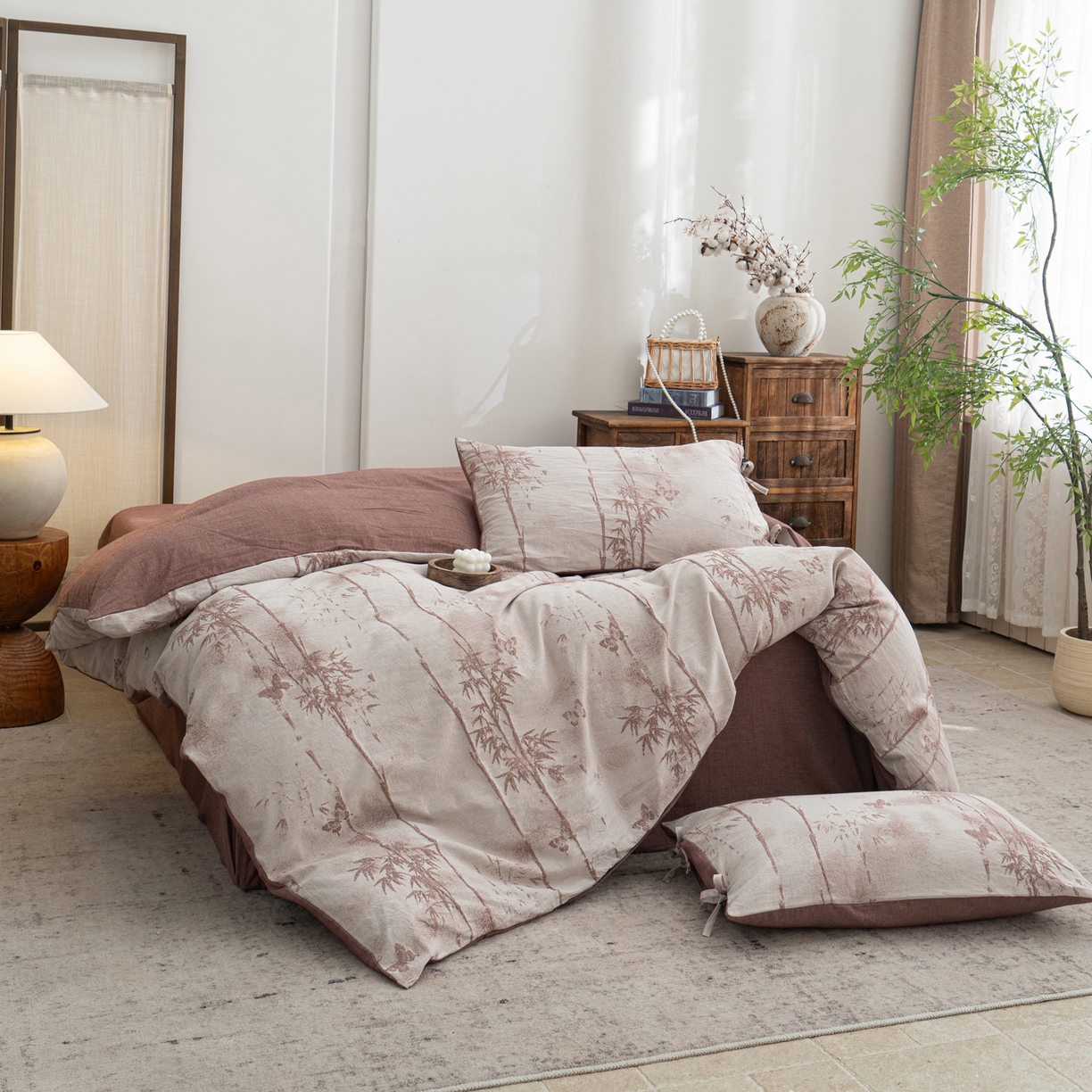 91家纺网 家纺一手货源 找家纺 凌云家纺 2026新款高端春夏提花棉麻四件套-步步高升系列 步步高升-酱红