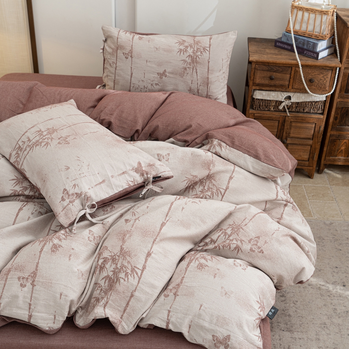 91家纺网 家纺一手货源 找家纺 凌云家纺 2026新款高端春夏提花棉麻四件套-步步高升系列 步步高升-酱红