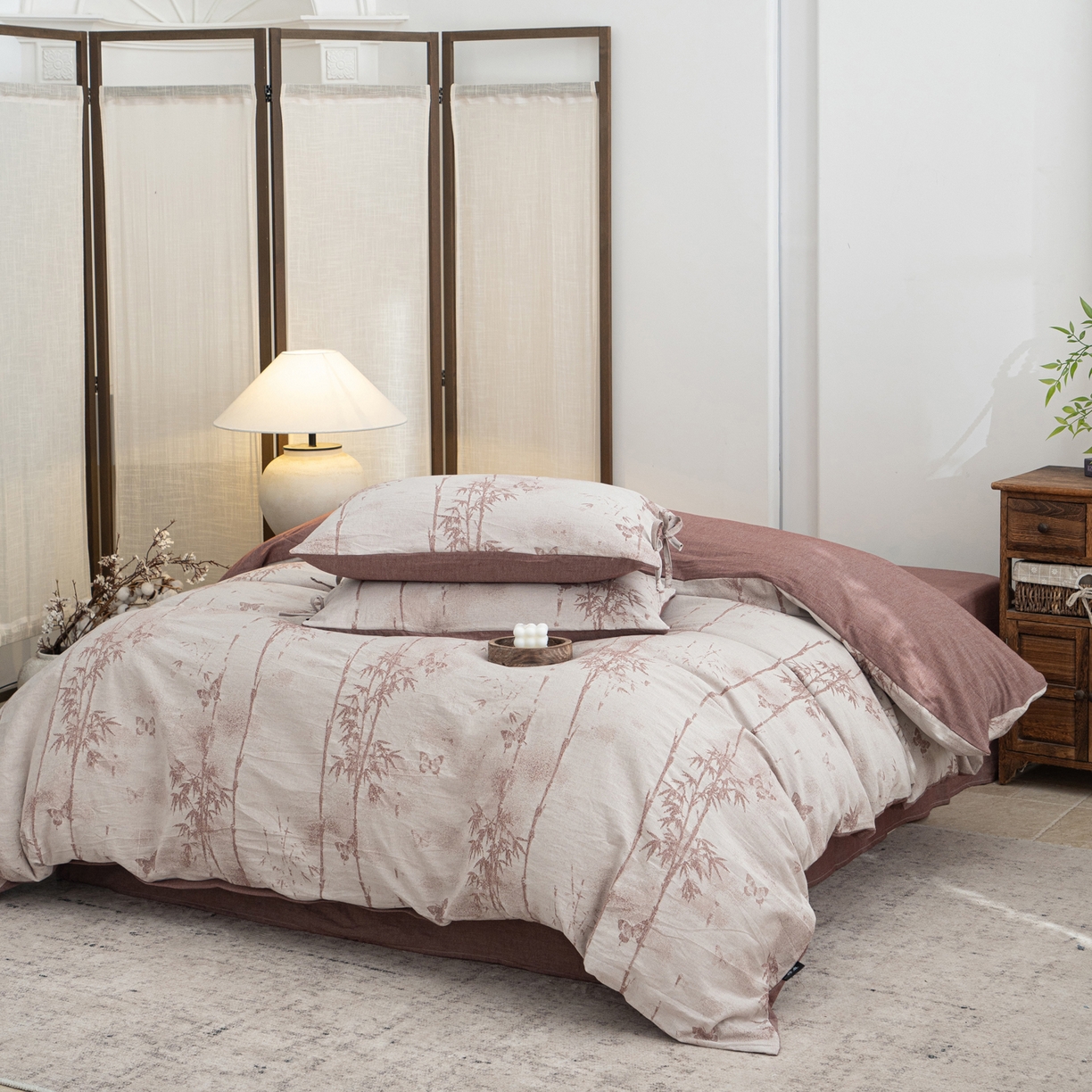 91家纺网 家纺一手货源 找家纺 凌云家纺 2026新款高端春夏提花棉麻四件套-步步高升系列 步步高升-酱红