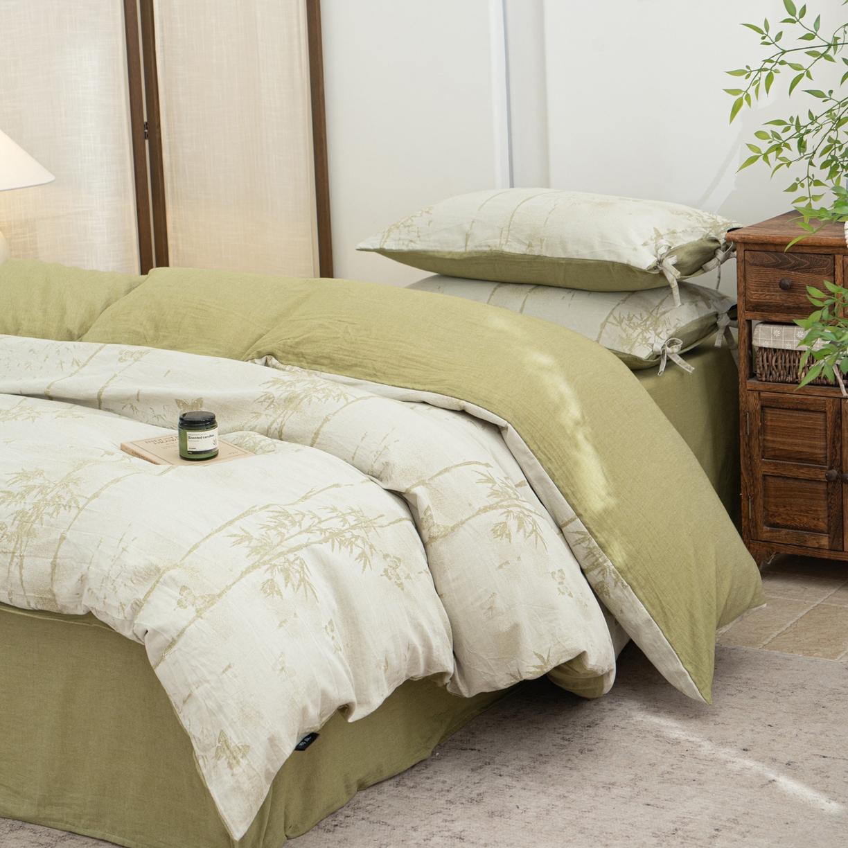 91家纺网 家纺一手货源 找家纺 凌云家纺 2026新款高端春夏提花棉麻四件套-步步高升系列 步步高升-果绿