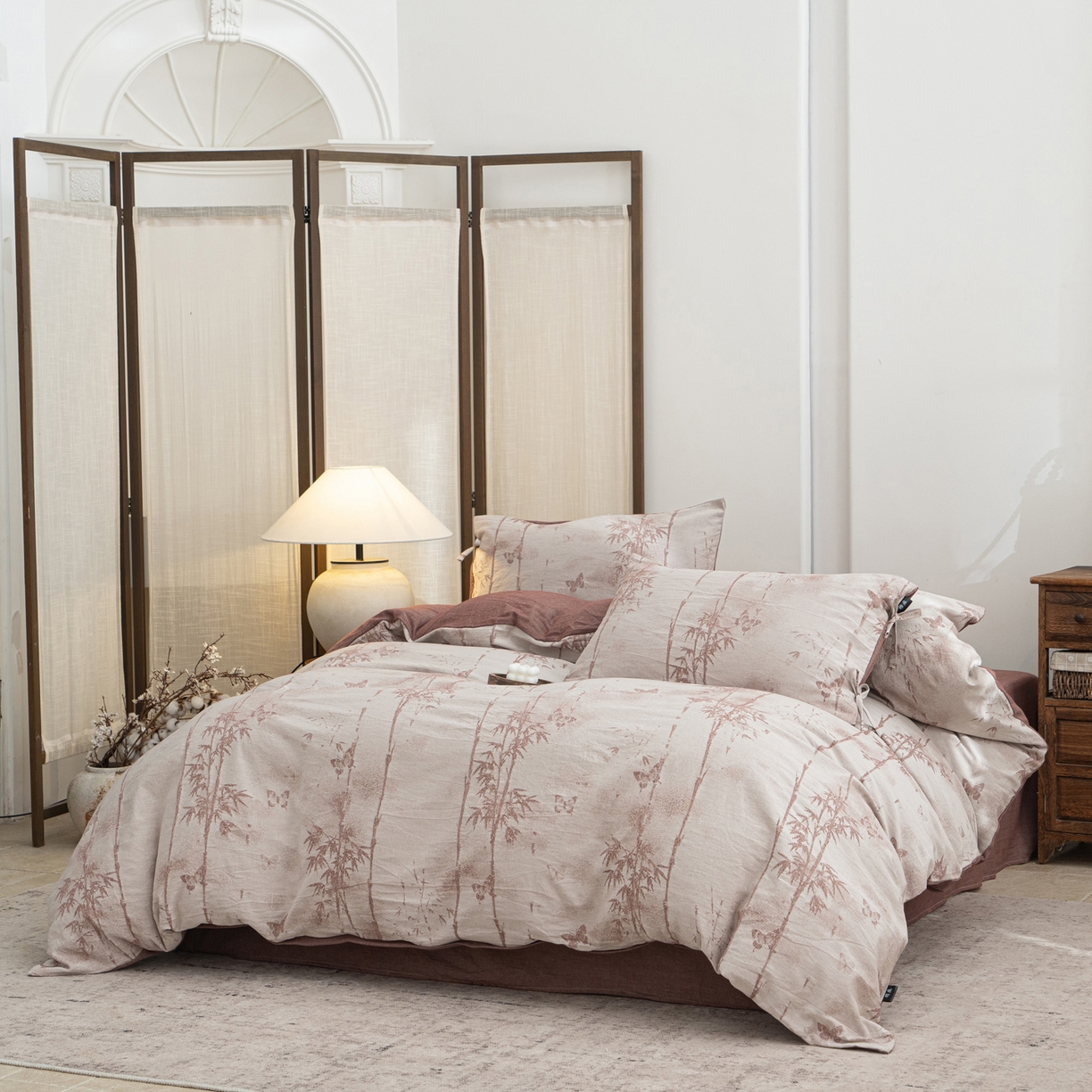 91家纺网 家纺一手货源 找家纺 凌云家纺 2026新款高端春夏提花棉麻四件套-步步高升系列 步步高升-酱红