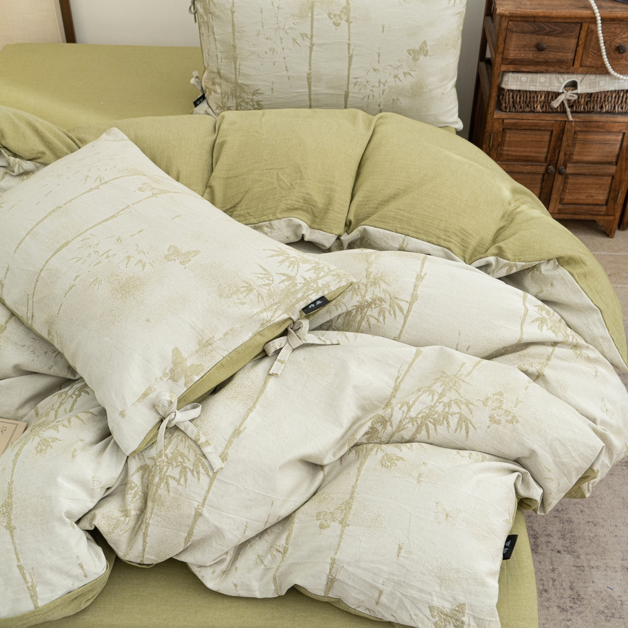 91家纺网 家纺一手货源 找家纺 凌云家纺 2026新款高端春夏提花棉麻四件套-步步高升系列 步步高升-果绿