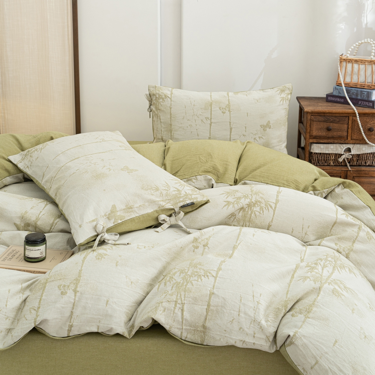 91家纺网 家纺一手货源 找家纺 凌云家纺 2026新款高端春夏提花棉麻四件套-步步高升系列 步步高升-果绿