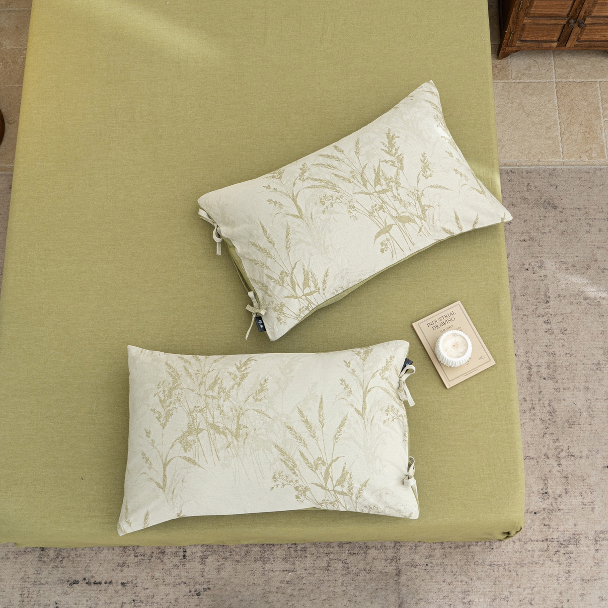 91家纺网 家纺一手货源 找家纺 凌云家纺 2026新款高端春夏提花棉麻四件套-步步高升系列 步步高升-果绿