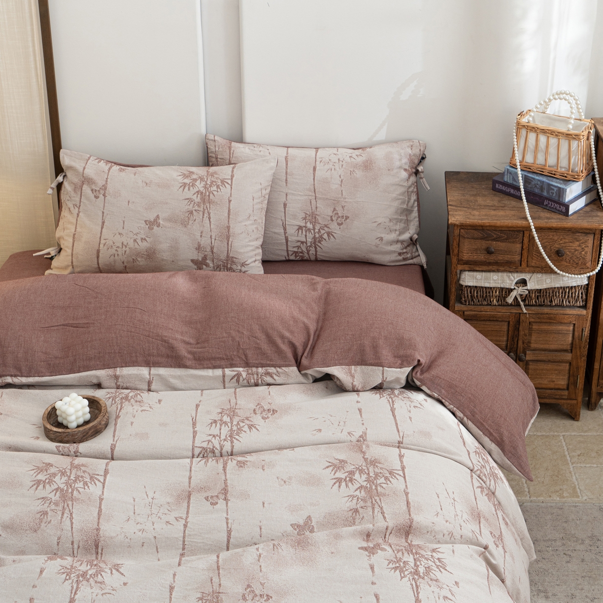 91家纺网 家纺一手货源 找家纺 凌云家纺 2026新款高端春夏提花棉麻四件套-步步高升系列 步步高升-酱红