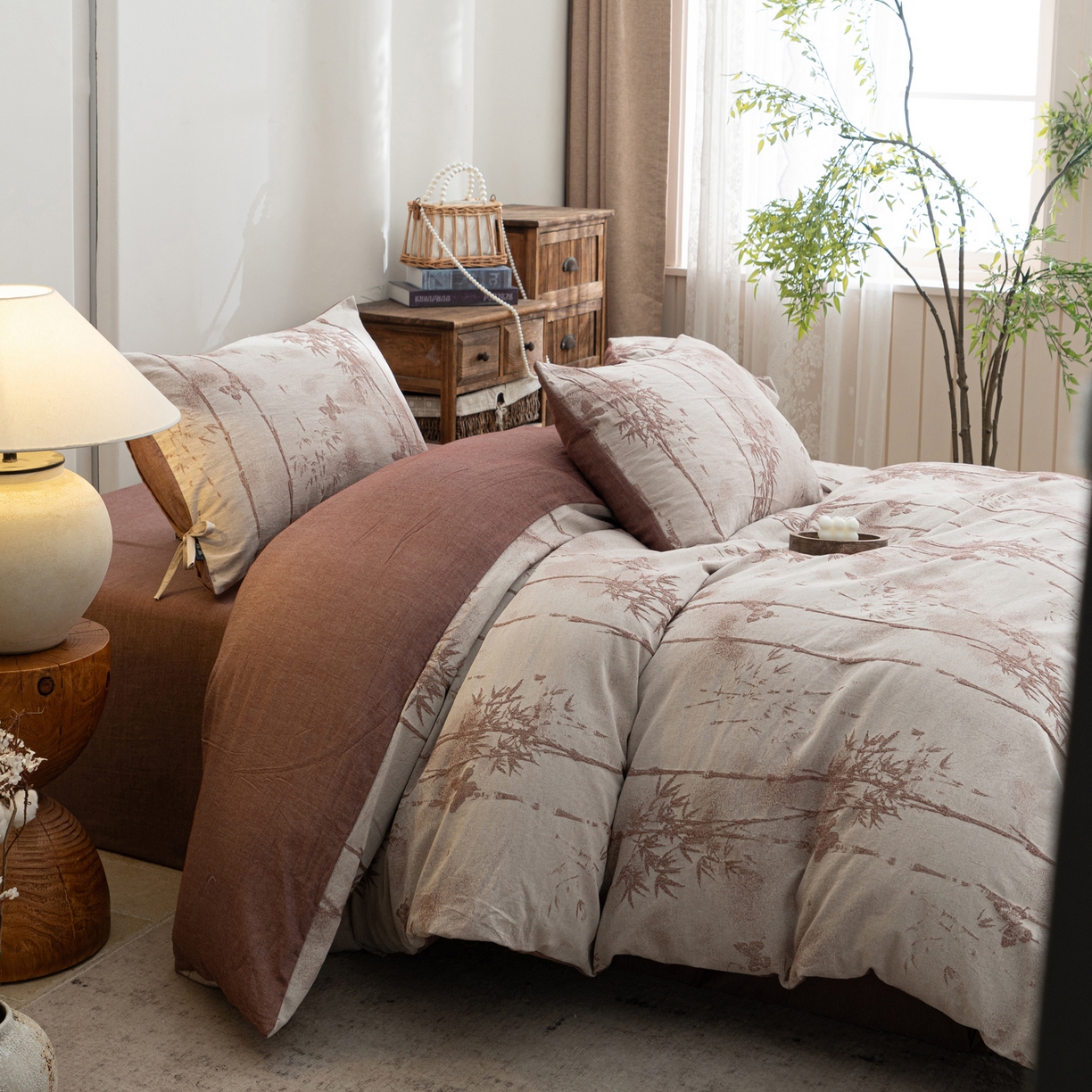 91家纺网 家纺一手货源 找家纺 凌云家纺 2026新款高端春夏提花棉麻四件套-步步高升系列 步步高升-酱红