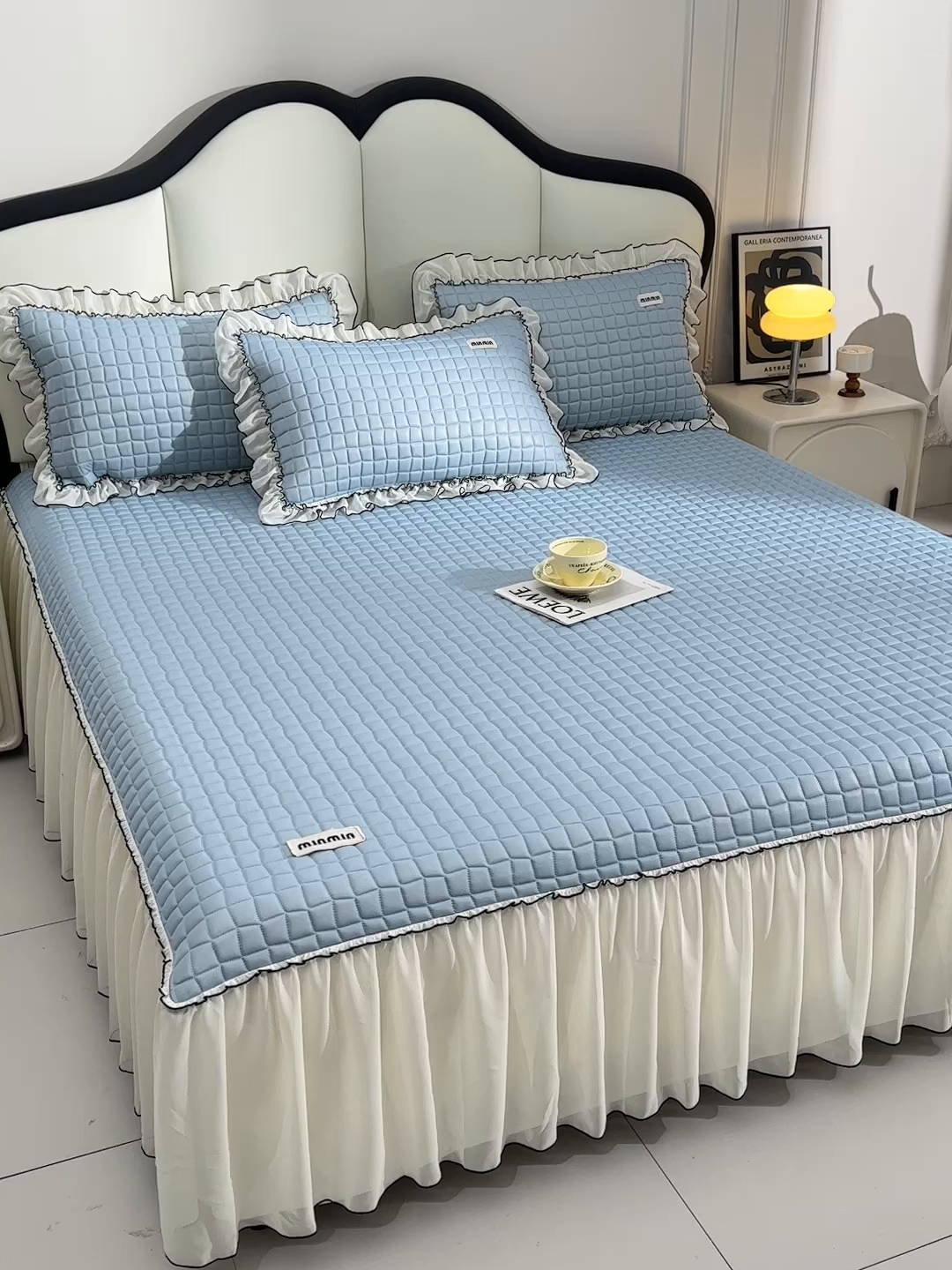 91家纺网 家纺一手货源 找家纺 小牛席业 2026新款凉感小冰块乳胶席床裙款凉席席子系列 凉感小冰块乳胶席床裙款-冰川蓝