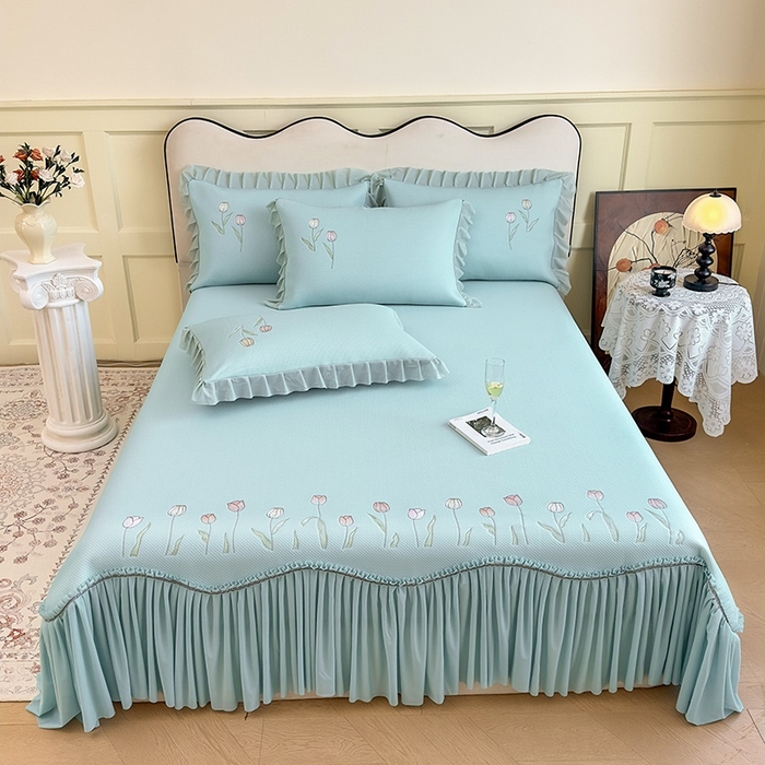 金绣美居 2026春夏新款中分子绣花款弯边复合凉感席三件套夏凉被空调被 -洛可可 洛可可-蓝色