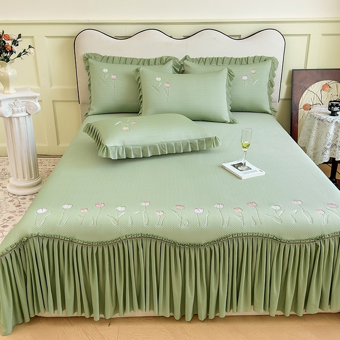 91家纺网 家纺一手货源 找家纺 金绣美居 2026春夏新款中分子绣花款弯边复合凉感席三件套夏凉被空调被 -洛可可 洛可可-绿色