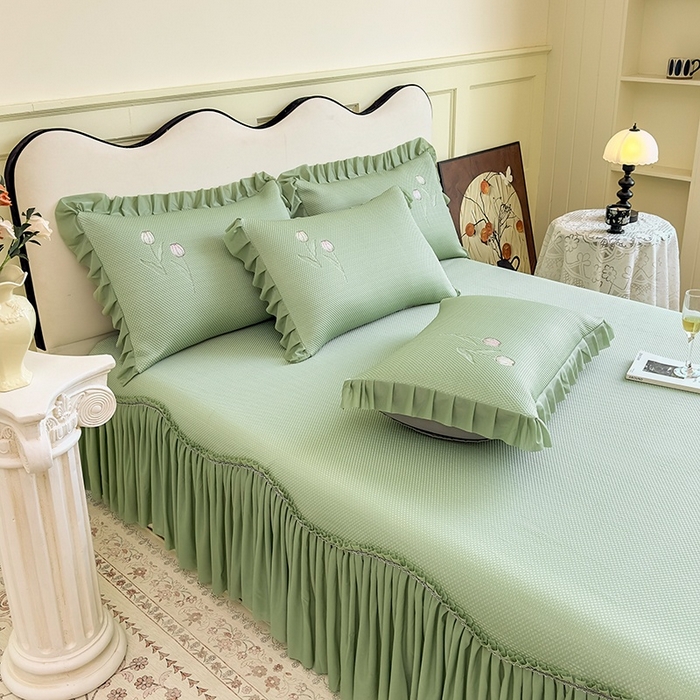 91家纺网 家纺一手货源 找家纺 金绣美居 2026春夏新款中分子绣花款弯边复合凉感席三件套夏凉被空调被 -洛可可 洛可可-绿色