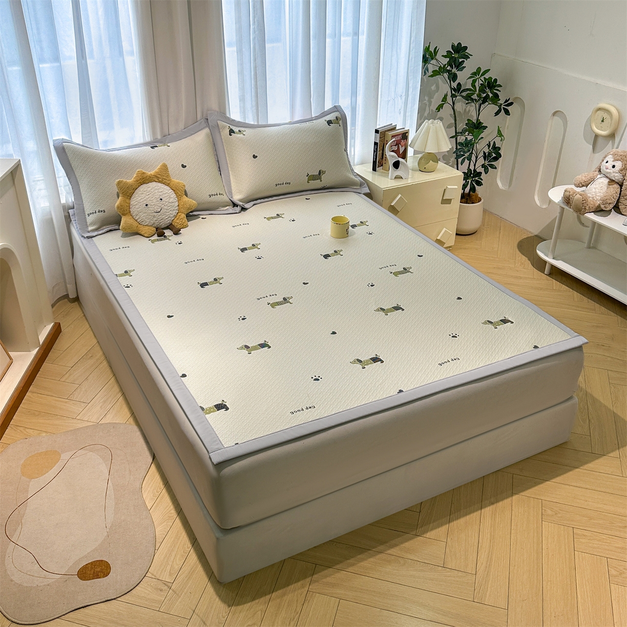 91家纺网 家纺一手货源 找家纺 （总）居易简 2026新款卡通实拍小红书爆款凉豆豆凉席100%PE 乙纶凉感可水洗床席席子-床席款