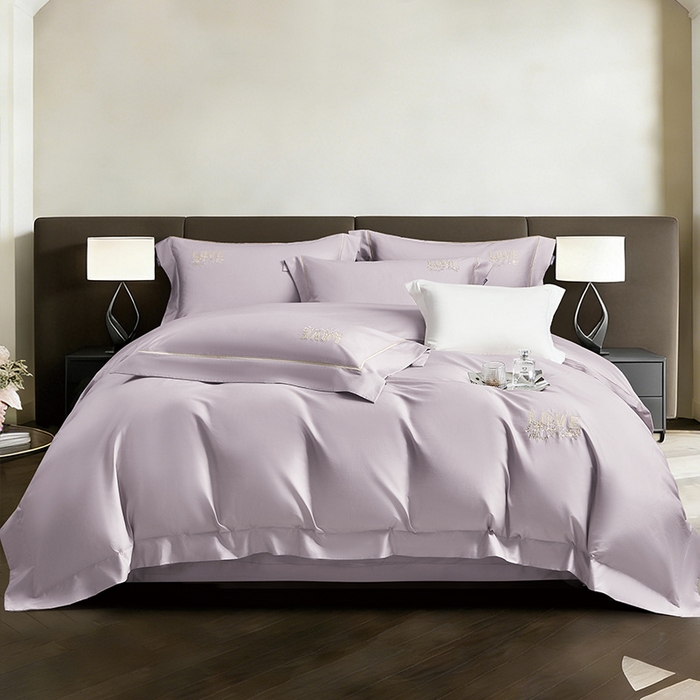 91家纺网 家纺一手货源 找家纺 诗黛尔 2026春夏新款60S长绒棉刺绣雅姿系列四件套 雅姿-丁香紫