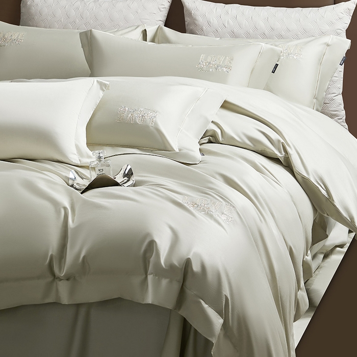 91家纺网 家纺一手货源 找家纺 诗黛尔 2026春夏新款60S长绒棉刺绣雅姿系列四件套 雅姿-豆绿