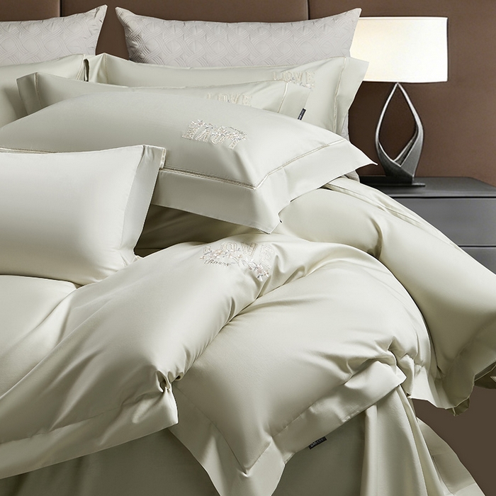 91家纺网 家纺一手货源 找家纺 诗黛尔 2026春夏新款60S长绒棉刺绣雅姿系列四件套 雅姿-豆绿