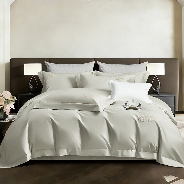 91家纺网 家纺一手货源 找家纺 诗黛尔 2026春夏新款60S长绒棉刺绣雅姿系列四件套 雅姿-豆绿