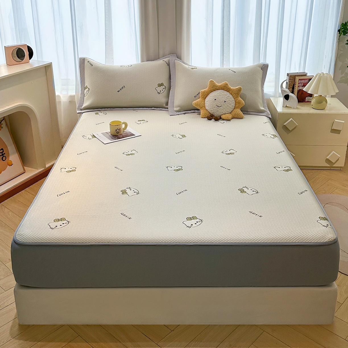 91家纺网 家纺一手货源 找家纺 居易简2026新款卡通实拍小红书爆款凉豆豆凉席100%PE 乙纶凉感可水洗床席席子-床笠款 梦境KT